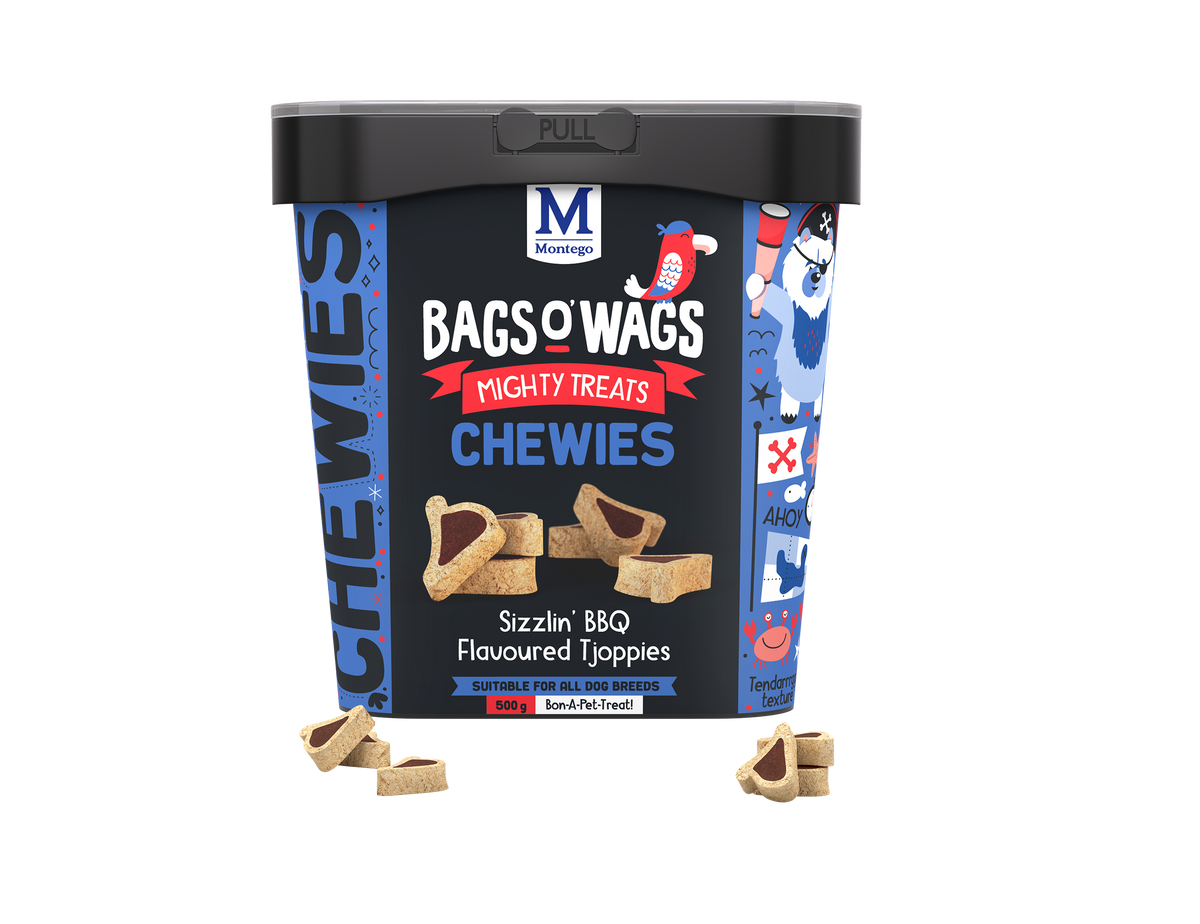Montego Bags O' Wags BBQ Tjoppies 500g dog treat tub