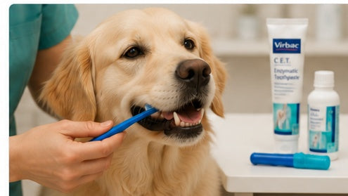 Dog having its teeth brushed for pet dental care article