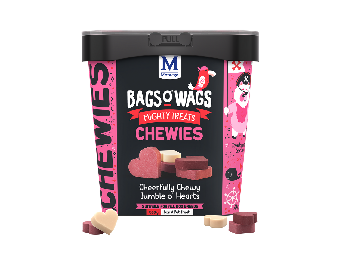 Montego Bags O’ Wags Cheerfully Chewy Jumble O' Hearts treats 1.5kg tub