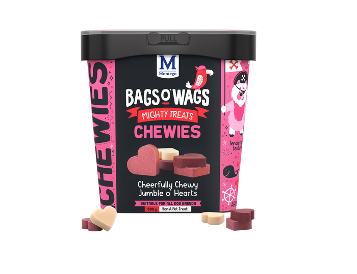Montego Bags O’ Wags Cheerfully Chewy Jumble O' Hearts treats 1.5kg tub