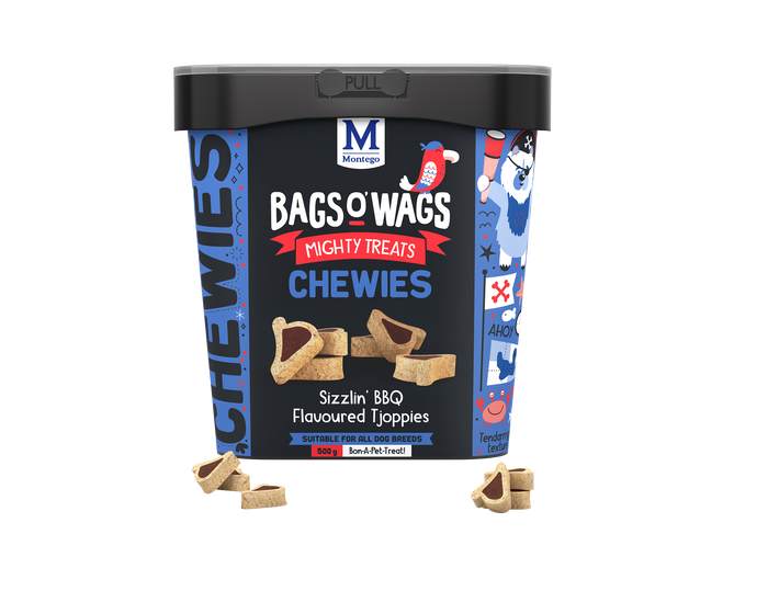 Montego Bags O' Wags BBQ Tjoppies 500g dog treat tub