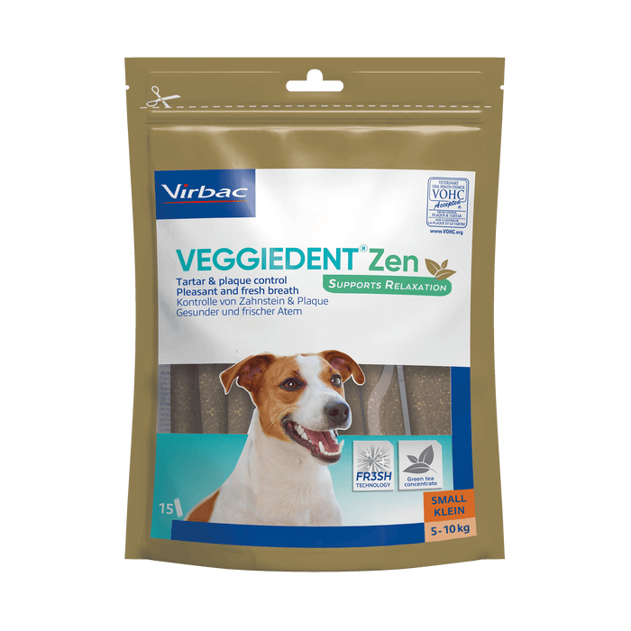 VeggieDent Zen dental chews for small dogs with calming support